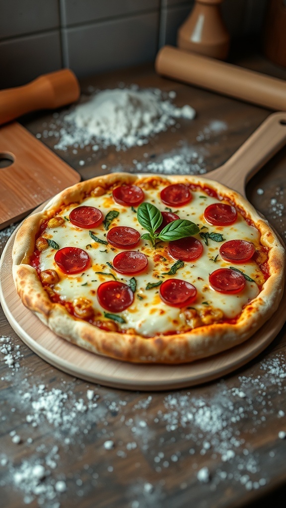 A delicious homemade pizza with a golden crust, cheese, and toppings on a wooden peel.
